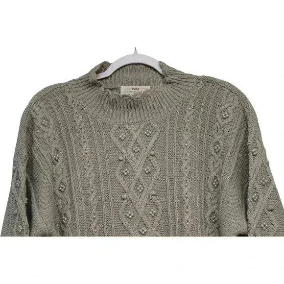 Vintage 90s Cable Knit Sweater Size Large Green Ramie Cotton Beaded Hand Knit - Picture 2 of 13